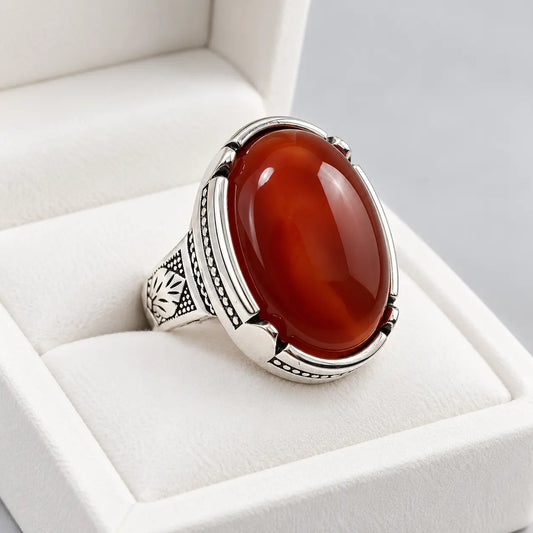 Red Aqeeq Silver Ring – Gift Box Edition